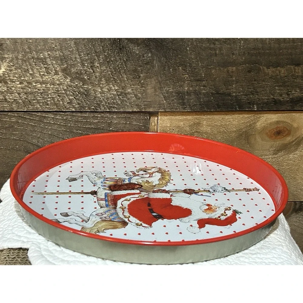 VTG  1991 Giordano / Giftco Santa Riding A Carousel Horse Round Metal Tin Tray